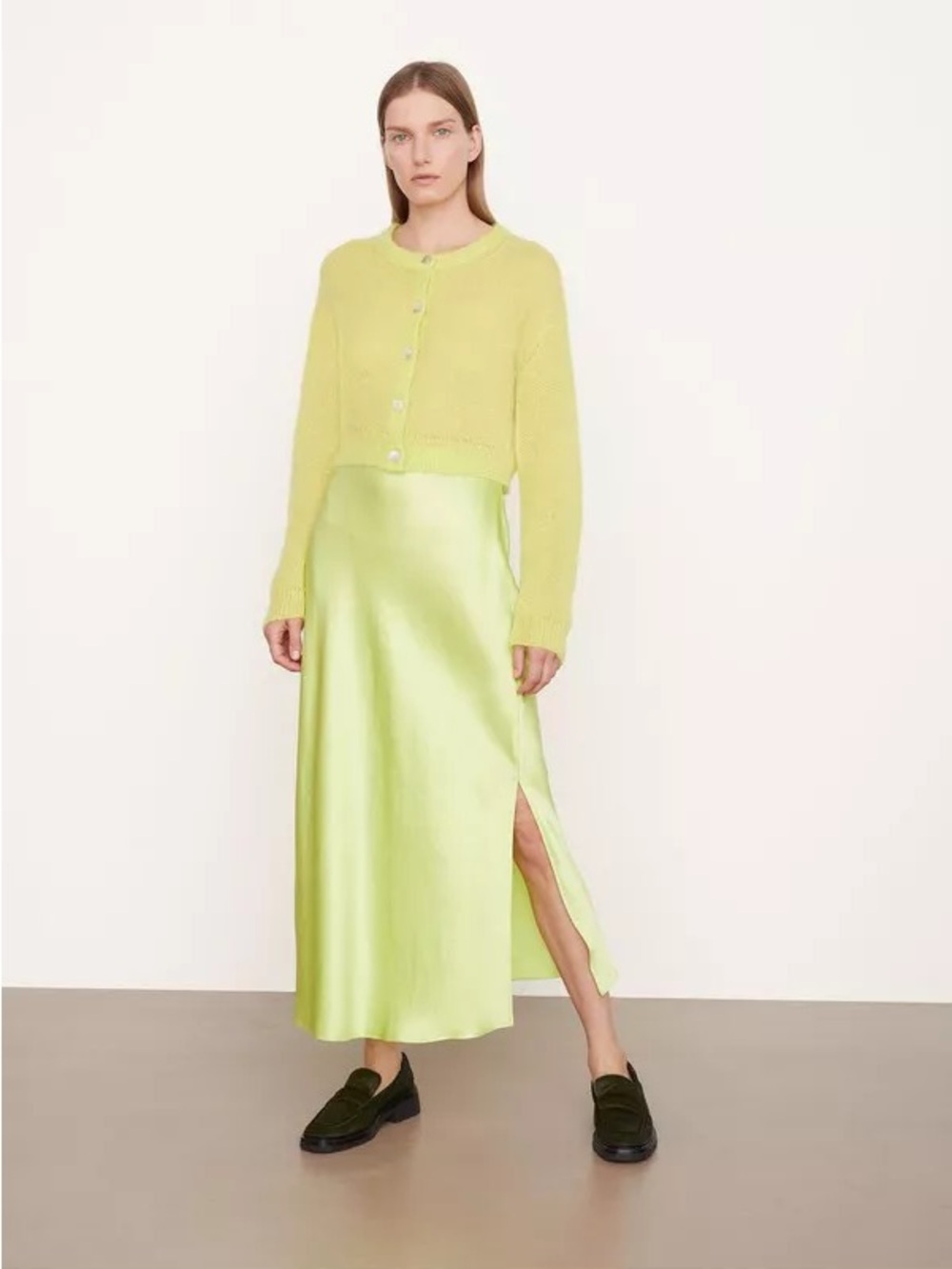 Vince Satin Side Slit Slip Skirt in Lime/Neon Yellow/Green